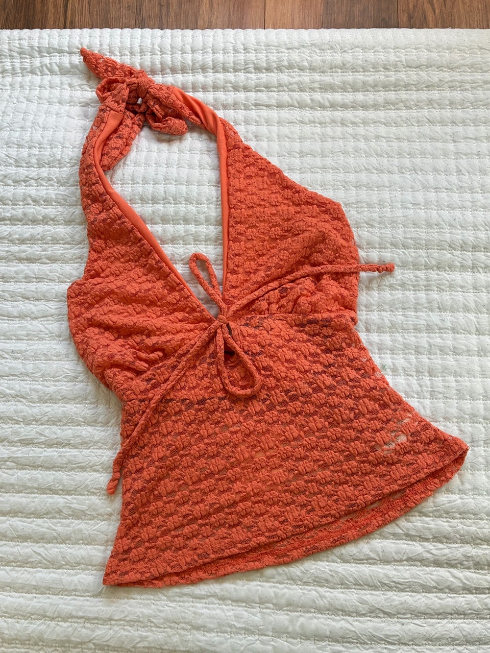 Viral Y2K Style See You Monday Orange Lace Halter Top Tie Front Deep Neck M NWT